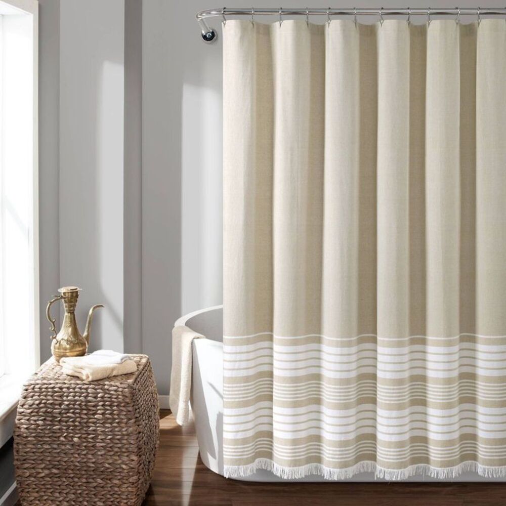 Lush Decor - Nantucket Yarn Dyed Cotton Tassel Fringe Shower Cu Taupe/White
